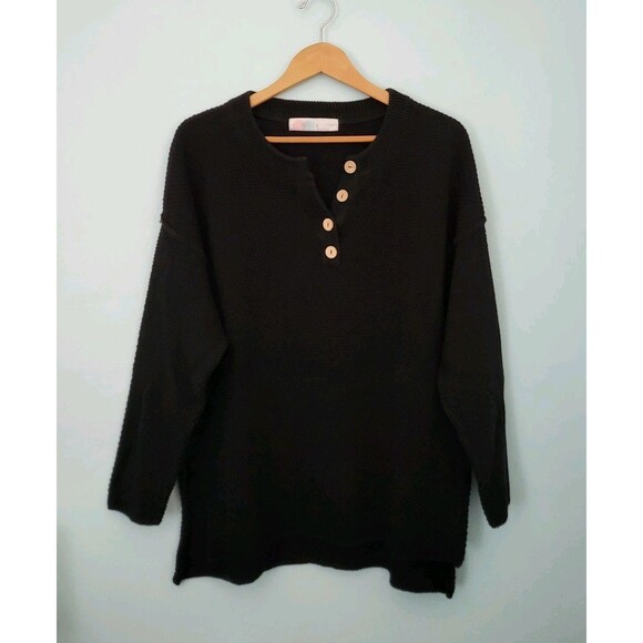 FREE PEOPLE Beach Hailee Sweater Womens S Black Henley Waffle Knit Oversized - Picture 2 of 9